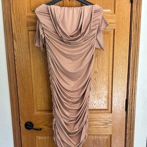 Elegant Tan Ruched Dress